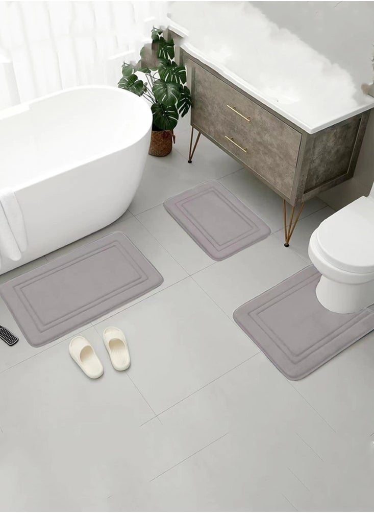 3-Pieces Bathroom Coral Velvet Floor Mat Suit Absorbent Anti-Slip Toilet Carpet Set Grey