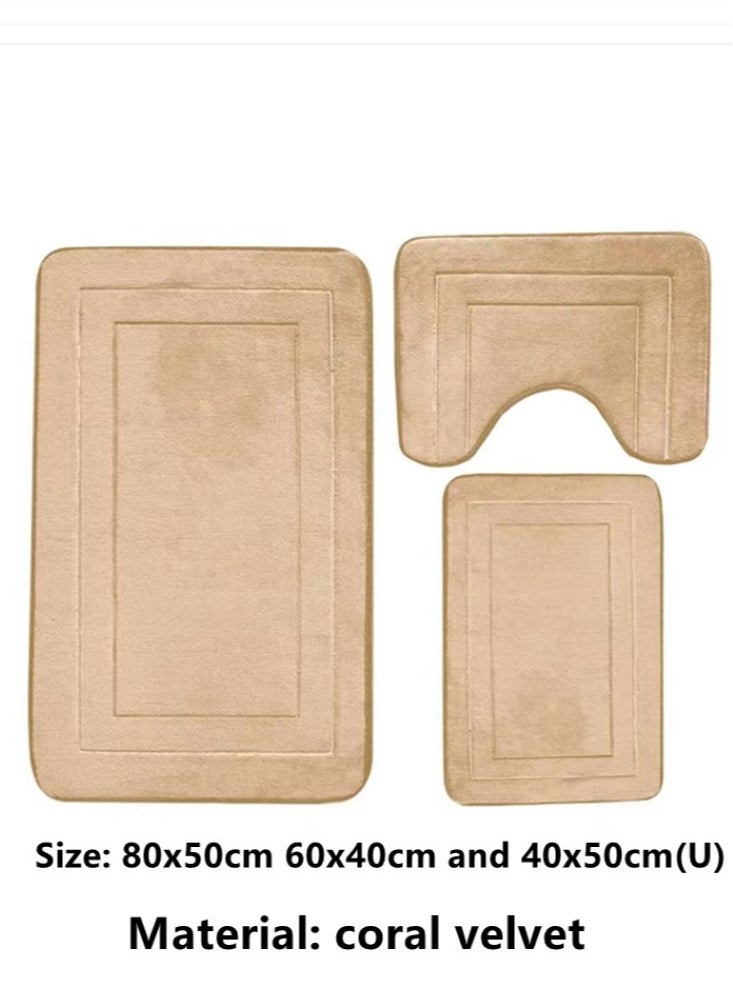 3-Pieces Bathroom Coral Velvet Floor Mat Suit Absorbent Anti-Slip Toilet Carpet Set Beige