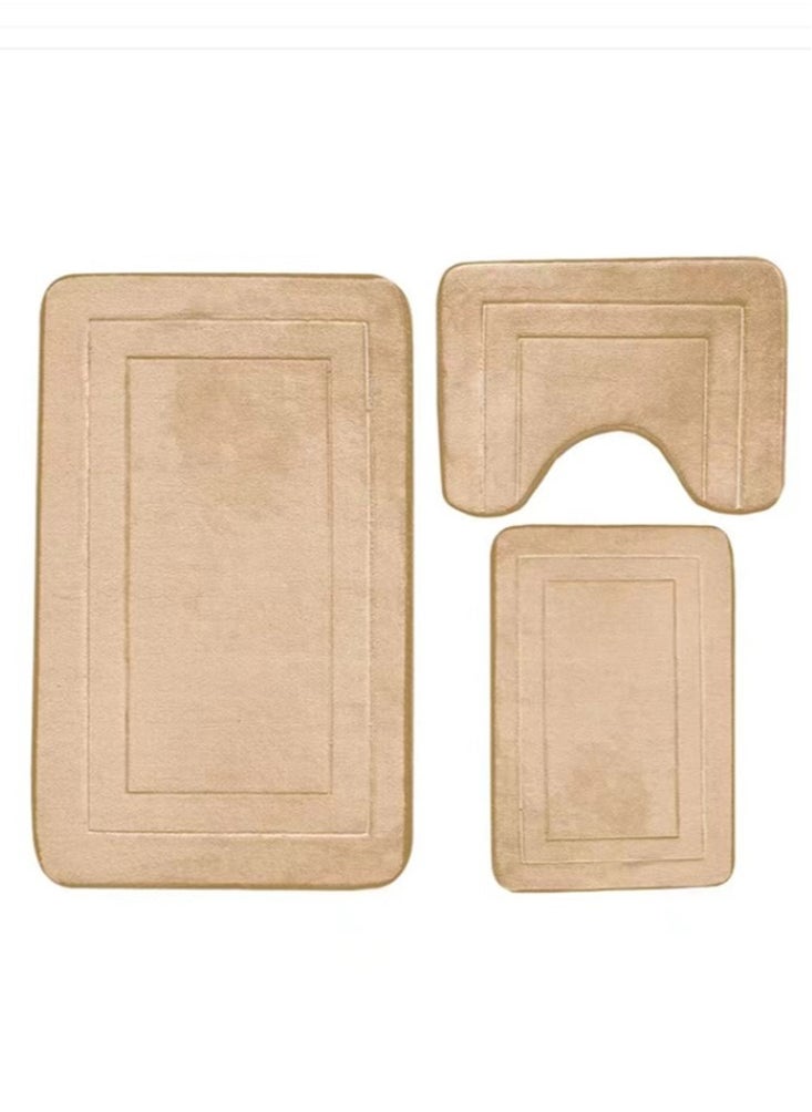 3-Pieces Bathroom Coral Velvet Floor Mat Suit Absorbent Anti-Slip Toilet Carpet Set Beige