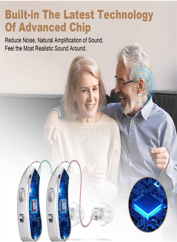 New hearing aid for seniors, noise reduction, amplifier, with LED charging case, suitable for moderate to severe hearing loss (silver)