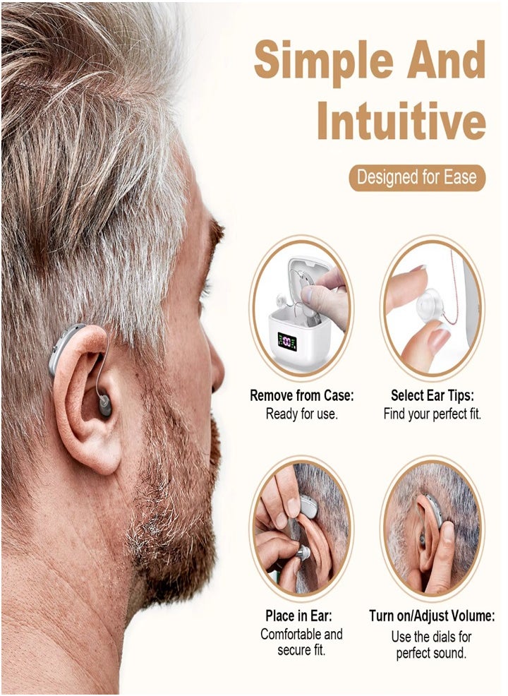 New hearing aid for seniors, noise reduction, amplifier, with LED charging case, suitable for moderate to severe hearing loss (silver)