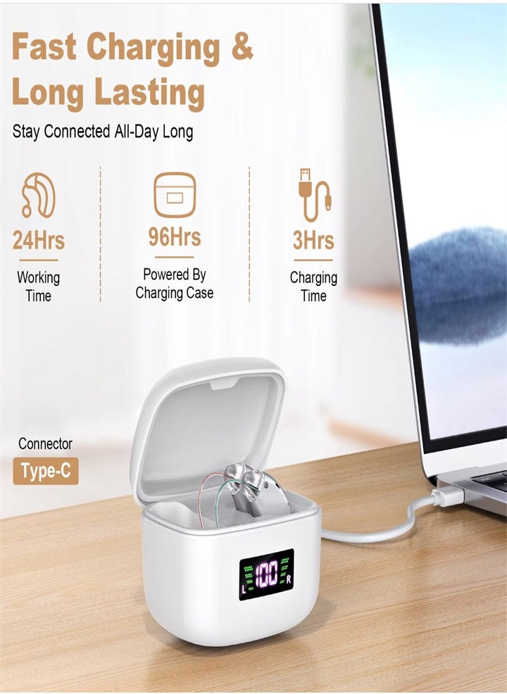 New hearing aid for seniors, noise reduction, amplifier, with LED charging case, suitable for moderate to severe hearing loss (silver)