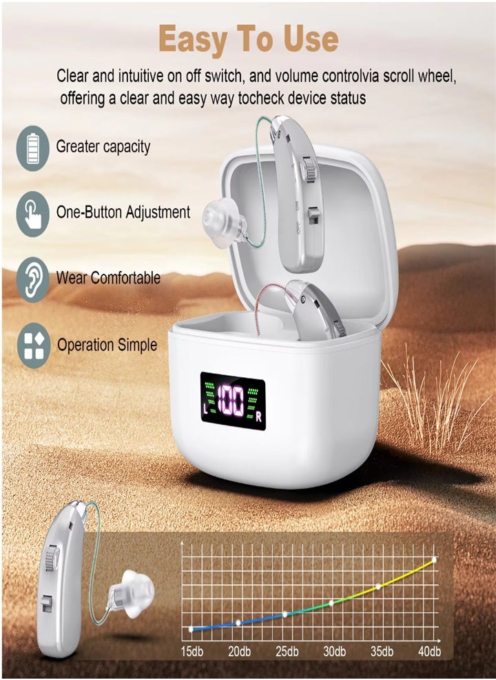 New hearing aid for seniors, noise reduction, amplifier, with LED charging case, suitable for moderate to severe hearing loss (silver)