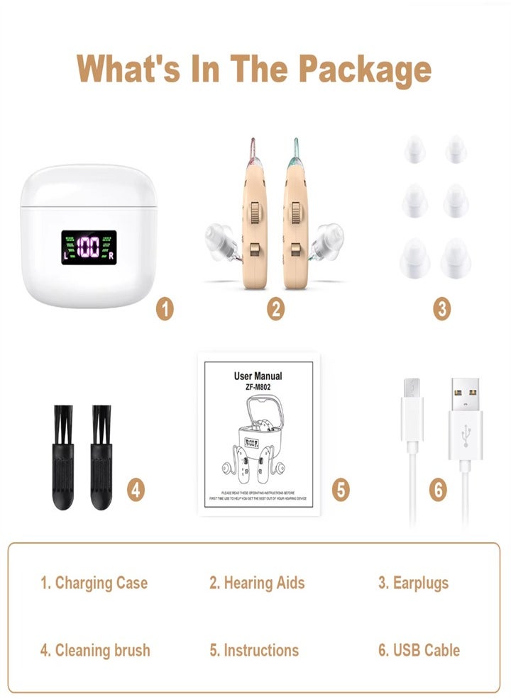 New hearing aid for seniors, noise reduction, amplifier, with LED charging case, for moderate to severe hearing loss (skin color)