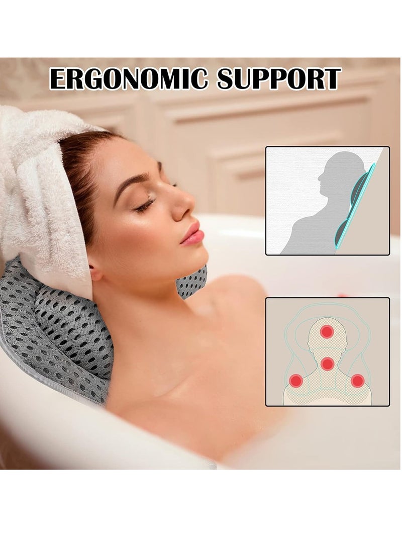 Bath Pillow Spa Bathtub Pillow with Non-Slip Suction Cups, Head, Neck, Back & Shoulder Rest Support, Soft & Luxury Bathtub Cushion, Bath Pillow Fit Hot Tub, Bathtub (Grey 4D Luxury Bath Pillow)