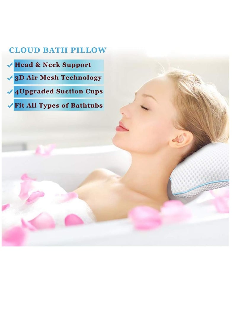 Non Slip Bath Pillow, Luxury Spa Bathtub Head & Neck Rest Support, Permeable Quick Drying Air Mesh Tub Pillow with 4 Large Suction Cups, Fits Any Tubs, Soft and Relaxing