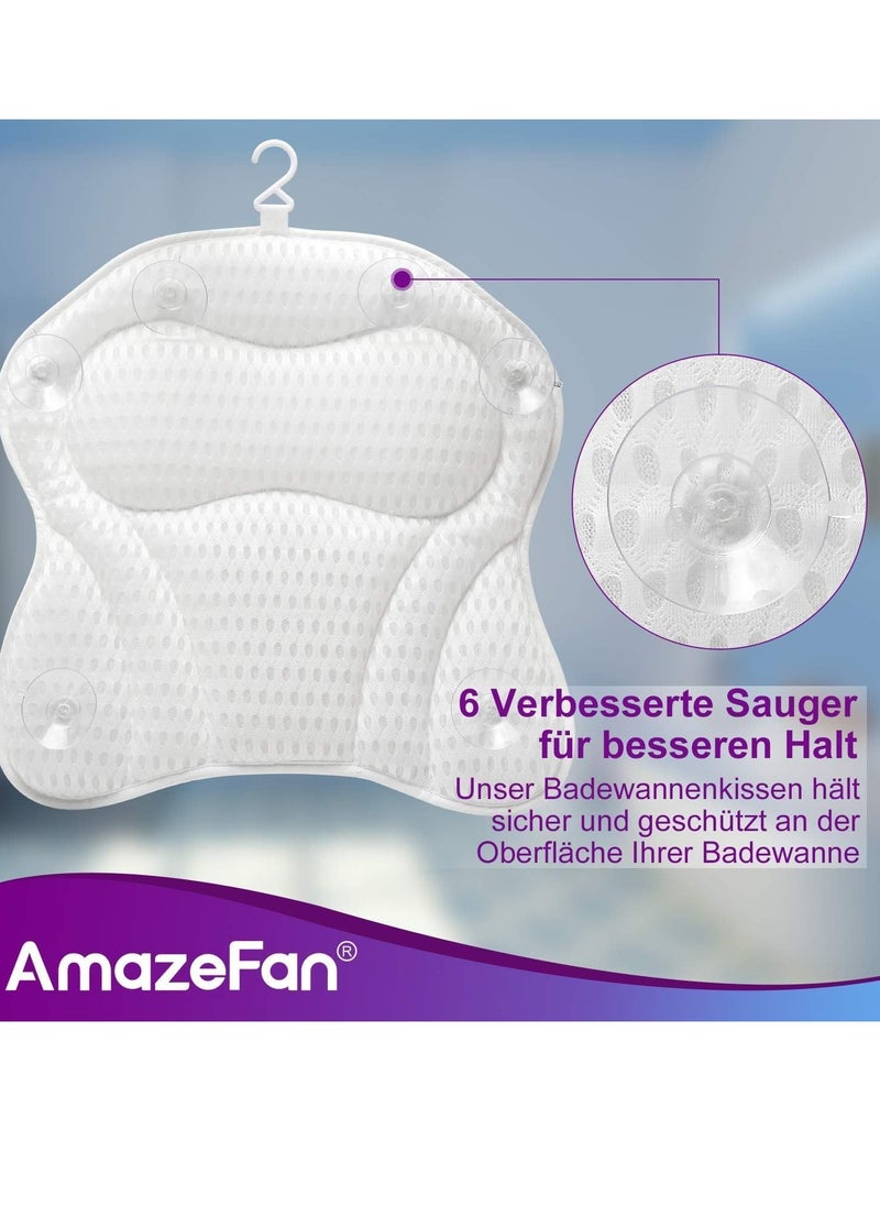 AmazeFan Luxury Bath Pillow, Ergonomic Bathtub Spa Pillow with 4D Air Mesh Technology and 6 Suction Cups, Helps Support Head, Back, Shoulder and Neck, Fits All Bathtub, Hot Tub and Home Spa(US Patent)