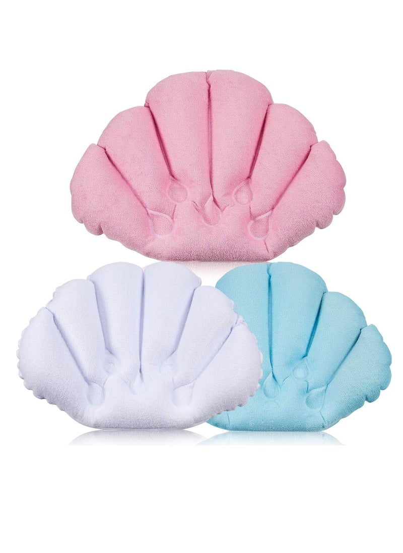 3 Pieces Inflatable Bath Pillow with Suction Cups, Terry Cloth Covered Bath Pillow Shell Shape Bathtub Spa Pillow Comfortable Soft Bath Cushion, Neck Support for Bathtub, Hot Tub (Pink, Green, White)