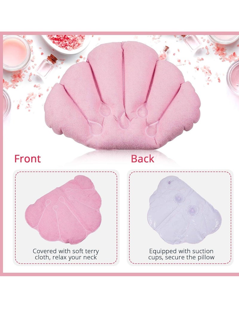 3 Pieces Inflatable Bath Pillow with Suction Cups, Terry Cloth Covered Bath Pillow Shell Shape Bathtub Spa Pillow Comfortable Soft Bath Cushion, Neck Support for Bathtub, Hot Tub (Pink, Green, White)