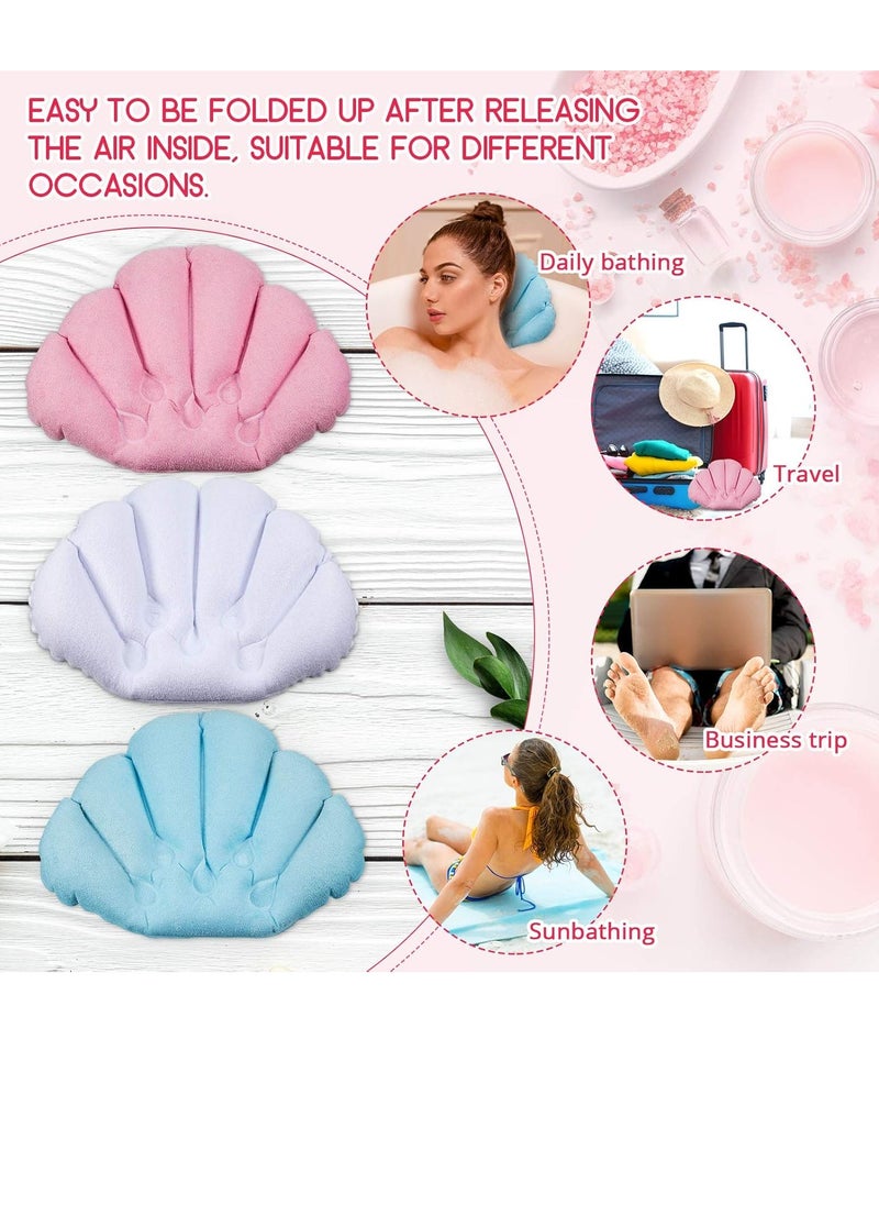 3 Pieces Inflatable Bath Pillow with Suction Cups, Terry Cloth Covered Bath Pillow Shell Shape Bathtub Spa Pillow Comfortable Soft Bath Cushion, Neck Support for Bathtub, Hot Tub (Pink, Green, White)