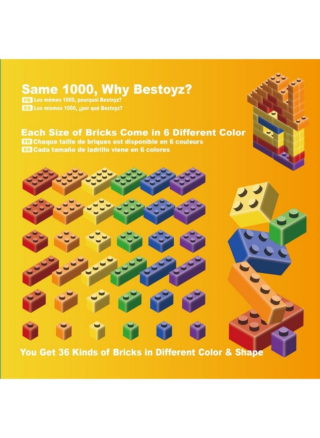 Building Bricks 1000 Pieces In Rainbow Colors, Classic Generic Building Blocks Toys For Boys & Girls, Educational Building Toys For Classroom, School, Toys For Kids Aged 4+