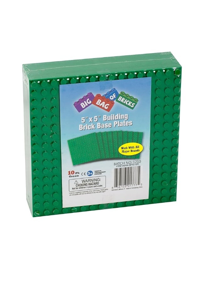 SCS Direct Brick Building Blocks Green Baseplates  5x5 10pcs Dual Connectivity for Stacking  Compatible with  Tight fit with All Major Building Blocks Brands  Great for Activity Tables