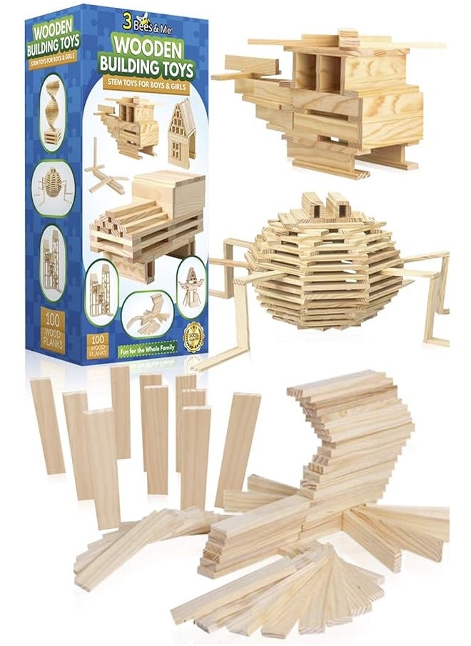 3 Bees & Me Wooden Building Toys - STEM Toys for Boys and Girls - 100 Wood Plank Pieces