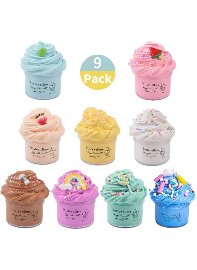 9 Pack Butter Slime Kit With Mint Leaf, Watermelon, Peach, Lemon, Unicorn, Coffee, Rainbow And Candy Charms, Scented Diy Slime For Girls And Boys, Stress Relief Toy For Kids Party And Gift