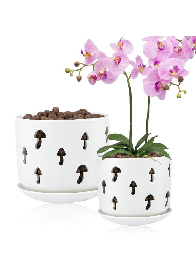 Orchid Pots With Holes,5 Inch + 6 Inch Ceramic Planters Set Of 2 With 2 Tray,White Flower Pot With Dancing Mushroom Shaped Vent, Enhanced Drainage And Ventilation