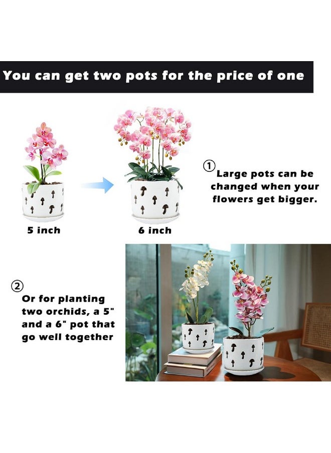 Orchid Pots With Holes,5 Inch + 6 Inch Ceramic Planters Set Of 2 With 2 Tray,White Flower Pot With Dancing Mushroom Shaped Vent, Enhanced Drainage And Ventilation