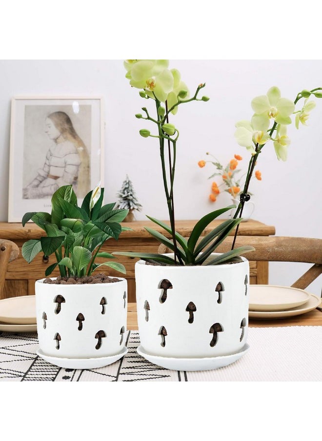 Orchid Pots With Holes,5 Inch + 6 Inch Ceramic Planters Set Of 2 With 2 Tray,White Flower Pot With Dancing Mushroom Shaped Vent, Enhanced Drainage And Ventilation