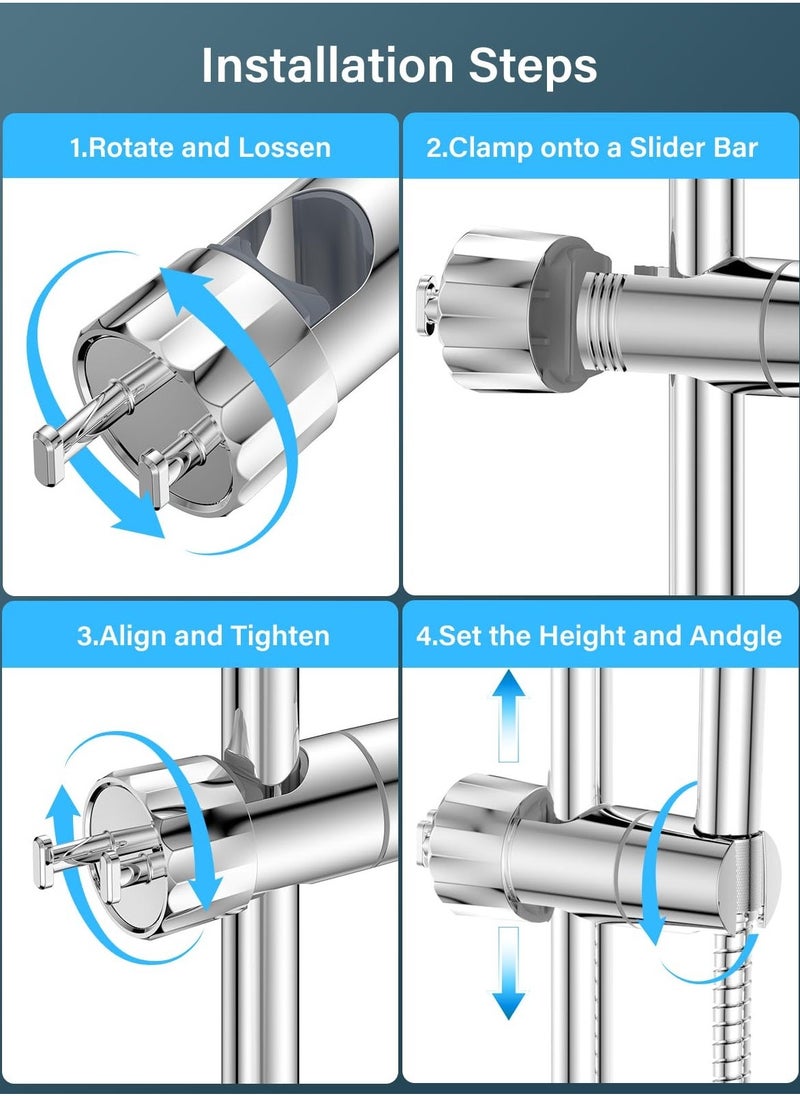 Shower Head Holder with 2 Hooks, Universal Replacement Adjustable Holder Bracket for 16-28mm, Chrome-Plated+ABS Shower Design Shower Head Holders, Easy Installation for Slide Rod