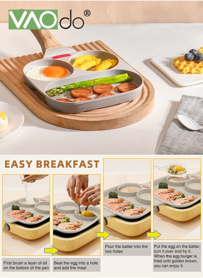 4PCS Egg Pan with Lid and Oil Brush and Spatula Nonstick 3 Section Pancake Pan Suitable for all stoves Divided Pan for Breakfast Medical Stone Egg Frying Pan