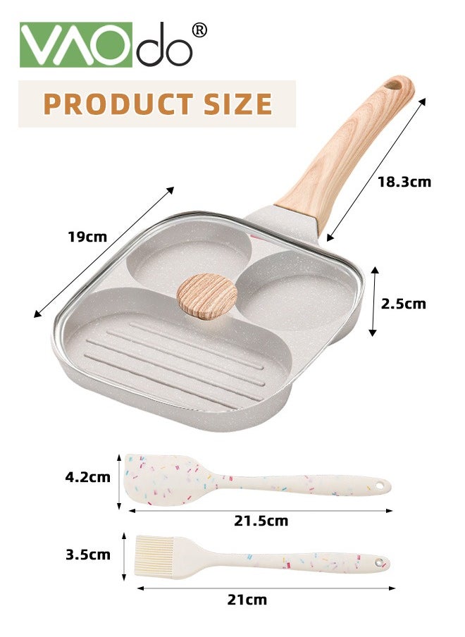 4PCS Egg Pan with Lid and Oil Brush and Spatula Nonstick 3 Section Pancake Pan Suitable for all stoves Divided Pan for Breakfast Medical Stone Egg Frying Pan