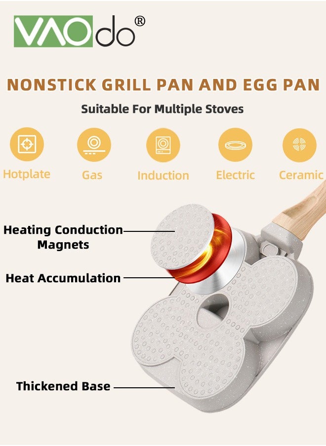 4PCS Egg Pan with Lid and Oil Brush and Spatula Nonstick 3 Section Pancake Pan Suitable for all stoves Divided Pan for Breakfast Medical Stone Egg Frying Pan