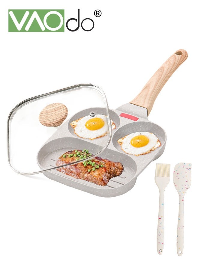 4PCS Egg Pan with Lid and Oil Brush and Spatula Nonstick 3 Section Pancake Pan Suitable for all stoves Divided Pan for Breakfast Medical Stone Egg Frying Pan