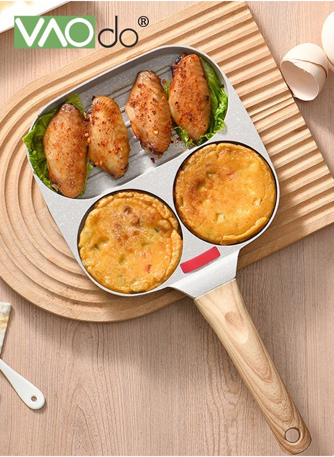 4PCS Egg Pan with Lid and Oil Brush and Spatula Nonstick 3 Section Pancake Pan Suitable for all stoves Divided Pan for Breakfast Medical Stone Egg Frying Pan