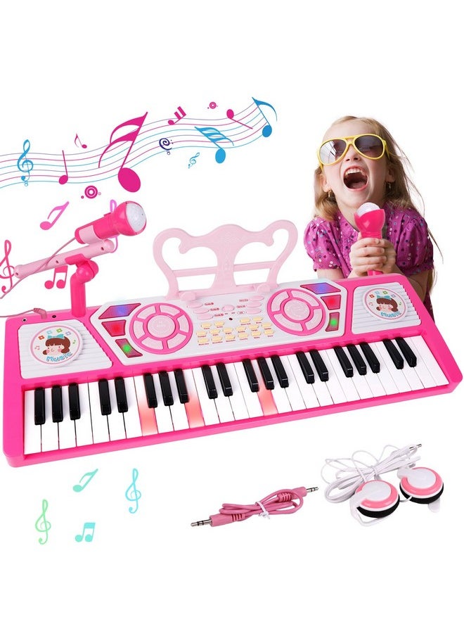 Kids Piano Keyboard 49 Keys, Electronic Toy Keyboard Piano With Microphone & Headphone For Beginners Multifunctional Musical Instruments Learning Keyboard Piano Kid Gifts For Girls, Pink