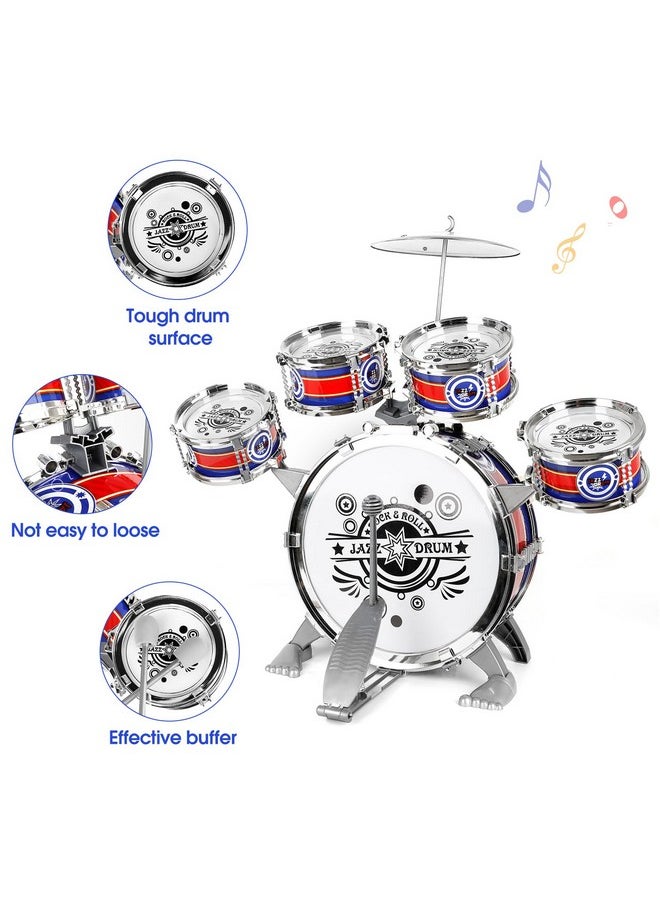 Toddler Drum Kit Kids Toy Jazz Drum Set 5 Drums With Stool Mini Band Rock Set Musical Instruments Toy Birthday Gift For Beginners Boys Girls, Blue (No Led Light)