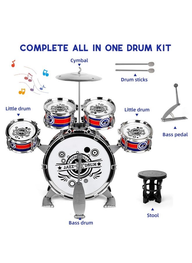 Toddler Drum Kit Kids Toy Jazz Drum Set 5 Drums With Stool Mini Band Rock Set Musical Instruments Toy Birthday Gift For Beginners Boys Girls, Blue (No Led Light)