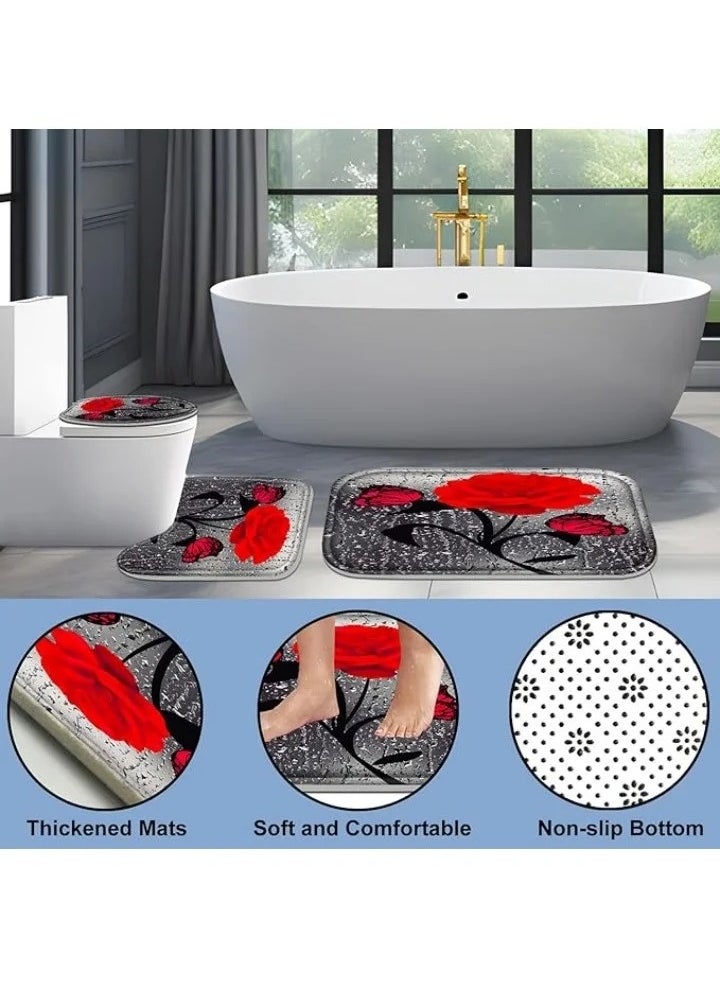 Shower curtain set of 4 pcs,Red Rose Shower Curtain Sets, Floral Shower Curtain Sets with Rugs(Bath Mat,U Shape and Toilet Lid Cover Mat) and 12 Hooks