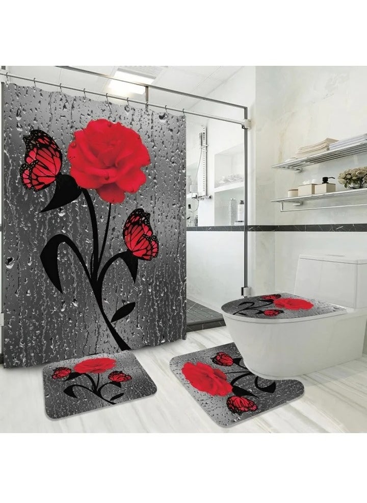 Shower curtain set of 4 pcs,Red Rose Shower Curtain Sets, Floral Shower Curtain Sets with Rugs(Bath Mat,U Shape and Toilet Lid Cover Mat) and 12 Hooks