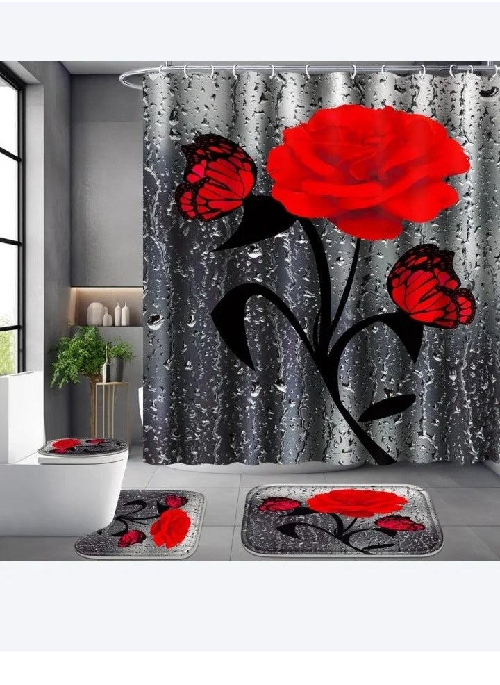 Shower curtain set of 4 pcs,Red Rose Shower Curtain Sets, Floral Shower Curtain Sets with Rugs(Bath Mat,U Shape and Toilet Lid Cover Mat) and 12 Hooks