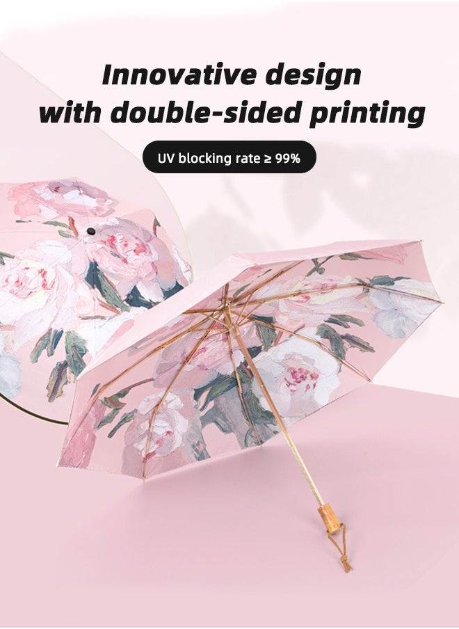 Women Fashion Floral Printing Anti-UV Sun Parasol Rain Proof Tri-fold Umbrella with Wooden Handle Multicolor