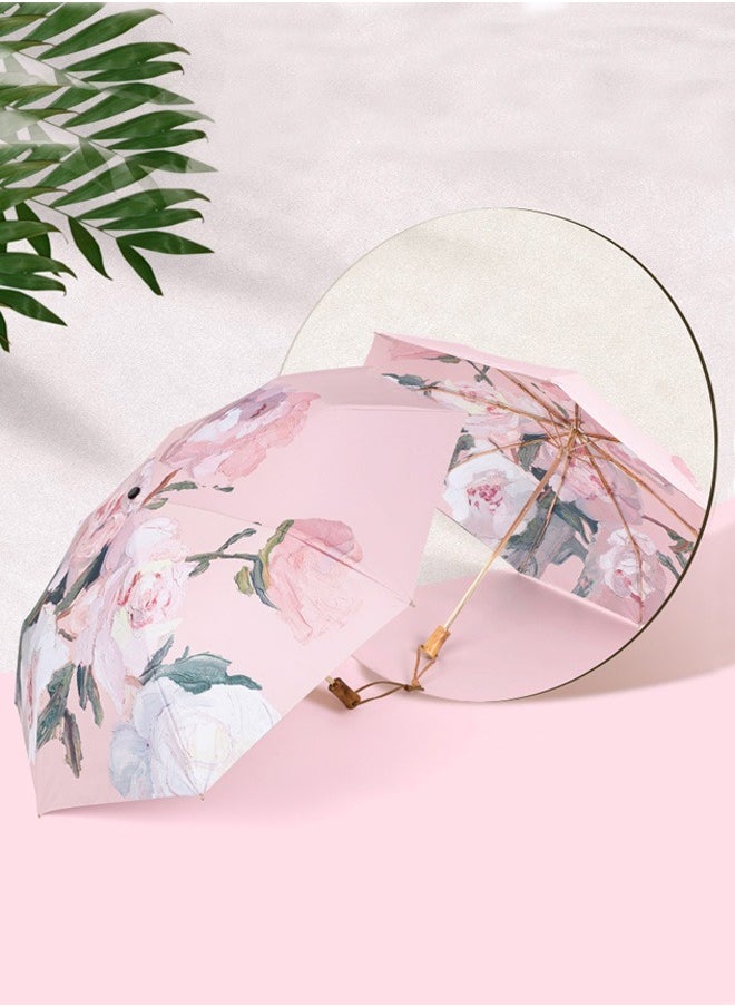 Women Fashion Floral Printing Anti-UV Sun Parasol Rain Proof Tri-fold Umbrella with Wooden Handle Multicolor