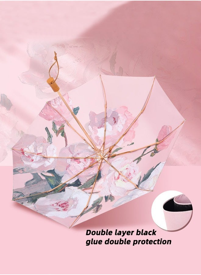 Women Fashion Floral Printing Anti-UV Sun Parasol Rain Proof Tri-fold Umbrella with Wooden Handle Multicolor
