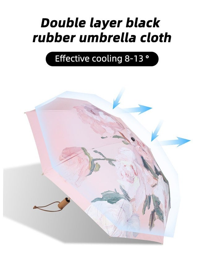 Women Fashion Floral Printing Anti-UV Sun Parasol Rain Proof Tri-fold Umbrella with Wooden Handle Multicolor