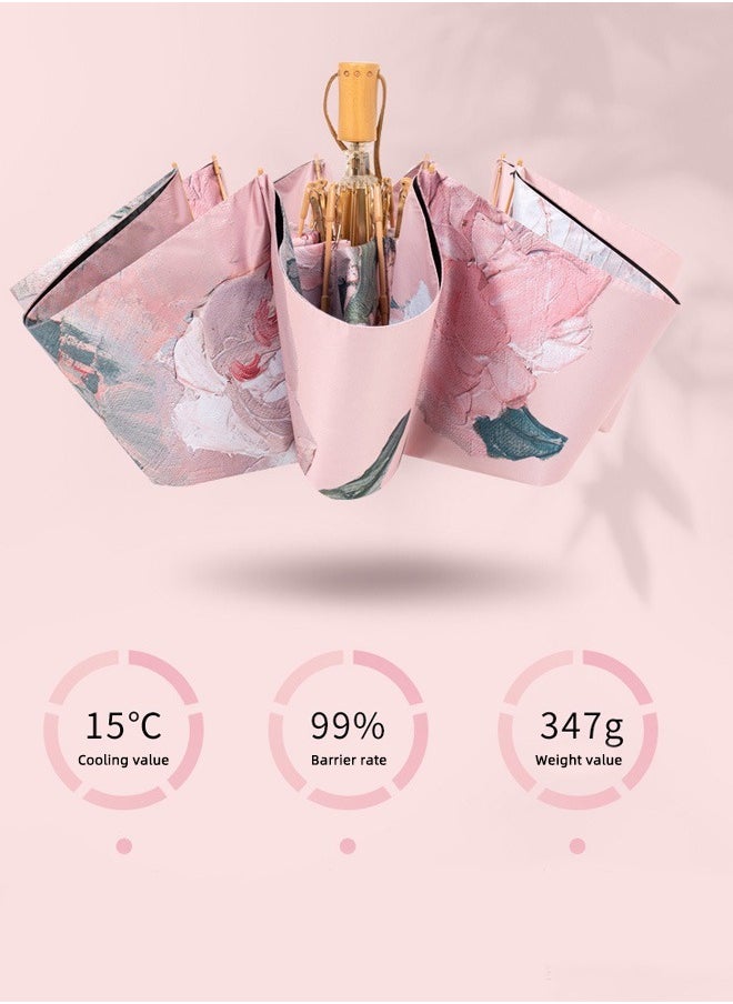 Women Fashion Floral Printing Anti-UV Sun Parasol Rain Proof Tri-fold Umbrella with Wooden Handle Multicolor