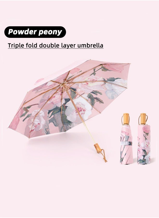 Women Fashion Floral Printing Anti-UV Sun Parasol Rain Proof Tri-fold Umbrella with Wooden Handle Multicolor