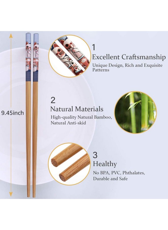 10Pairs Handmade Natural Bamboo Chopsticks Healthy Asian Japanese Korean Noodles Sushi Chopsticks Set Reusable Gift Tableware-Cute Cat Drawing