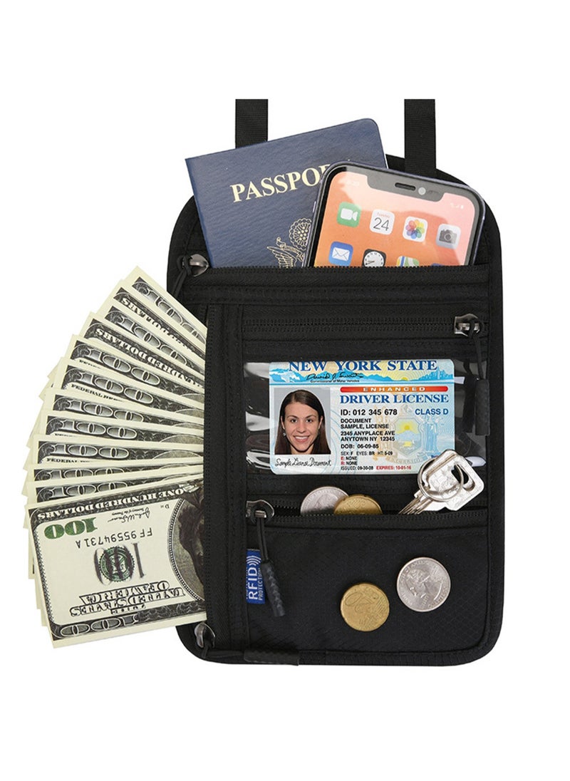 Multifunctional Neck Hanging Passport Bag, Crossbody Storage Bag, Overseas Ticket Document Protector, RFID Shielding Technology Suitable for Business Travel, Overseas Tourism, Study Abroad, Convenient Passport Bag (Black)