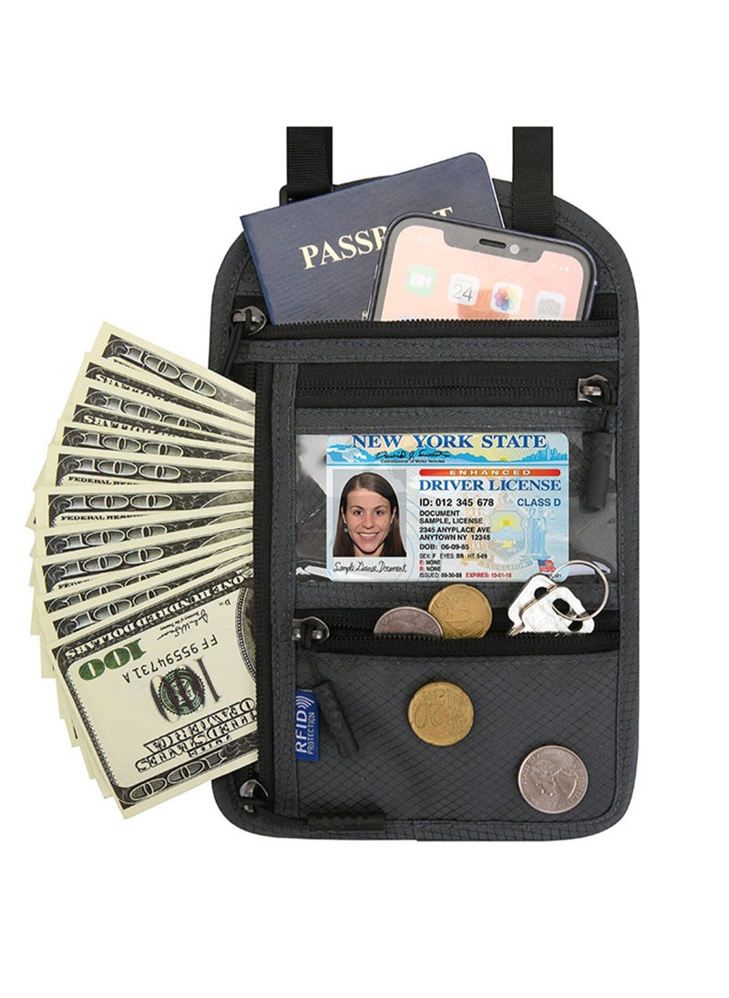 Multifunctional Neck Hanging Passport Bag, Crossbody Storage Bag, Overseas Ticket Document Protector, RFID Shielding Technology Suitable for Business Travel, Overseas Tourism, Study Abroad, Convenient Passport Bag (Dark Gray)