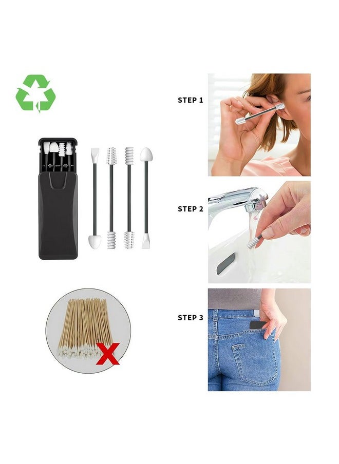 ® 4Pcs Reusable Silicone Cotton Swabs Kit, Dual Head Ear Swab And Makeup Swabs With Storage Case For Ears Cleaning And Beauty Makeup