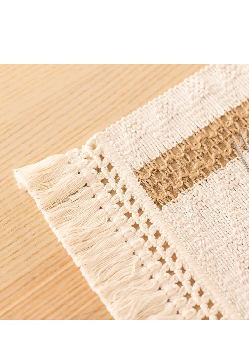 Cotton Placemats Non-Slip Heat Resistant Washable Mats Rustic Beige Burlap Macrame Place with Tassels for Farmhouse Kitchen