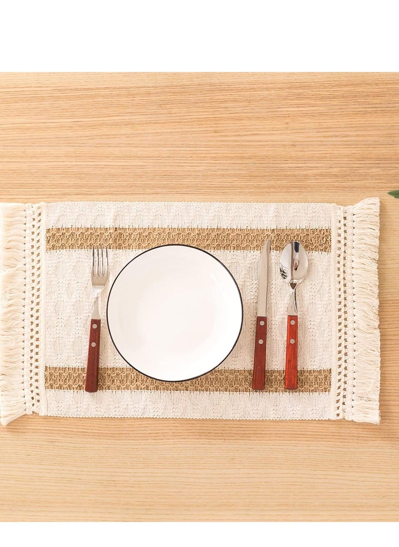 Cotton Placemats Non-Slip Heat Resistant Washable Mats Rustic Beige Burlap Macrame Place with Tassels for Farmhouse Kitchen