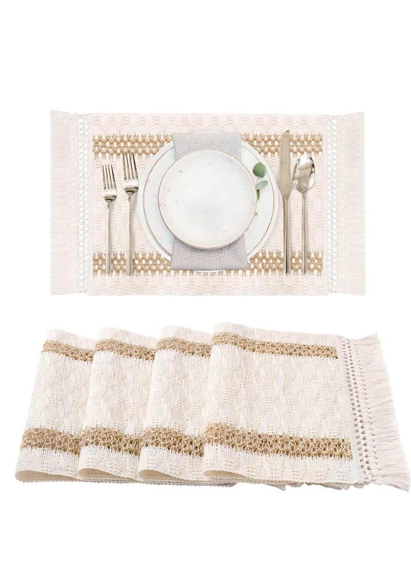 Cotton Placemats Non-Slip Heat Resistant Washable Mats Rustic Beige Burlap Macrame Place with Tassels for Farmhouse Kitchen