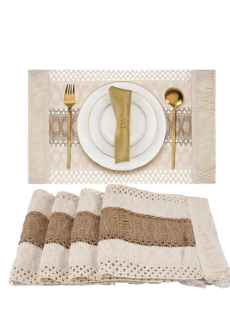 Cotton Placemats Non-Slip Heat Resistant Washable Rustic Beige Burlap Macrame Place with Tassels for Farmhouse Kitchen Decorations Gatherings Wedding Dinner 4, 12 x 20 inches