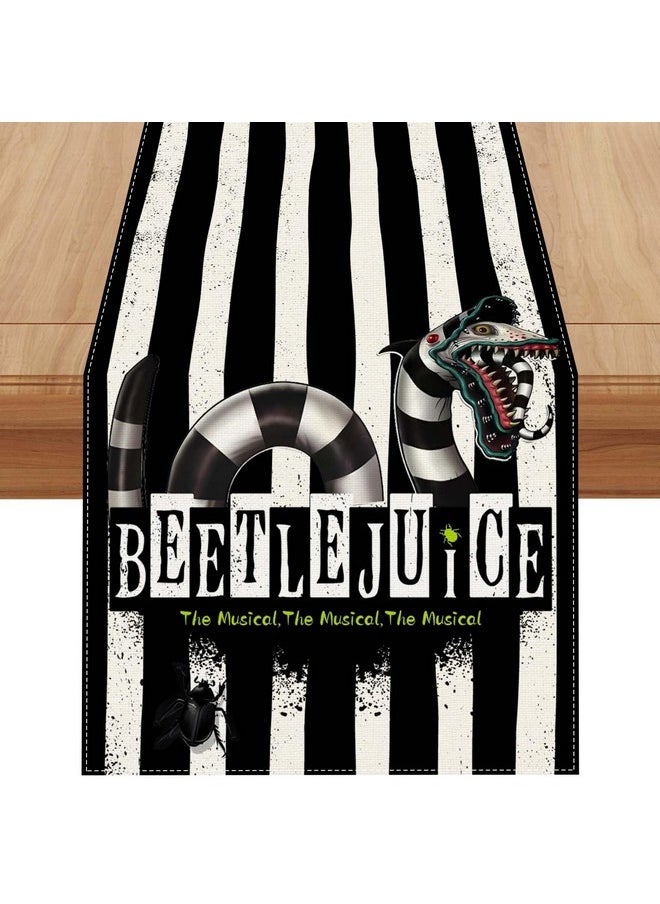 Linen Black And White Stripe Beetlejuice Halloween Table Runner 90 Inches Long Scary Halloween Birthday Party Decorations And Supplies For Home Kitchen Dining Room Table