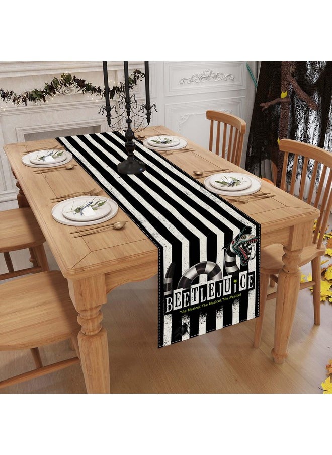 Linen Black And White Stripe Beetlejuice Halloween Table Runner 90 Inches Long Scary Halloween Birthday Party Decorations And Supplies For Home Kitchen Dining Room Table