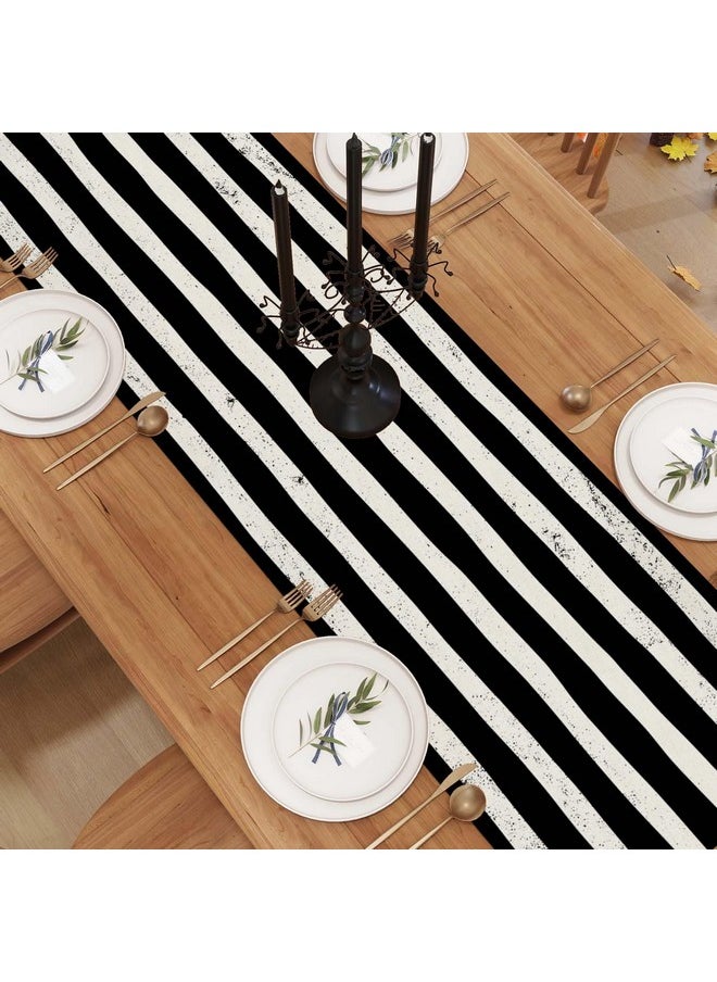 Linen Black And White Stripe Beetlejuice Halloween Table Runner 90 Inches Long Scary Halloween Birthday Party Decorations And Supplies For Home Kitchen Dining Room Table